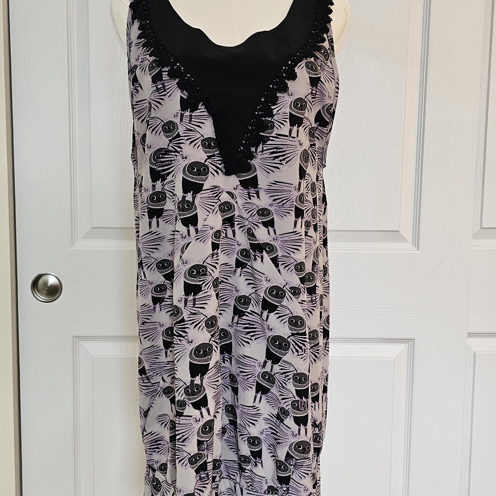 Nümph Black and Purple Owl Patterned Sleeveless Tunic